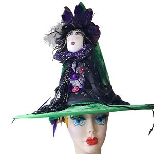 OOAK Hand Painted Doll Head‎ Witch Hat Art to Wear Costume Party Decor